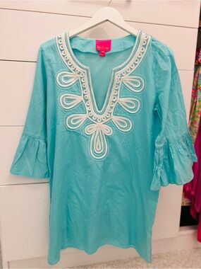 Lilly Pulitzer Aqua Swim Cover Up with White Embroidery- Size M